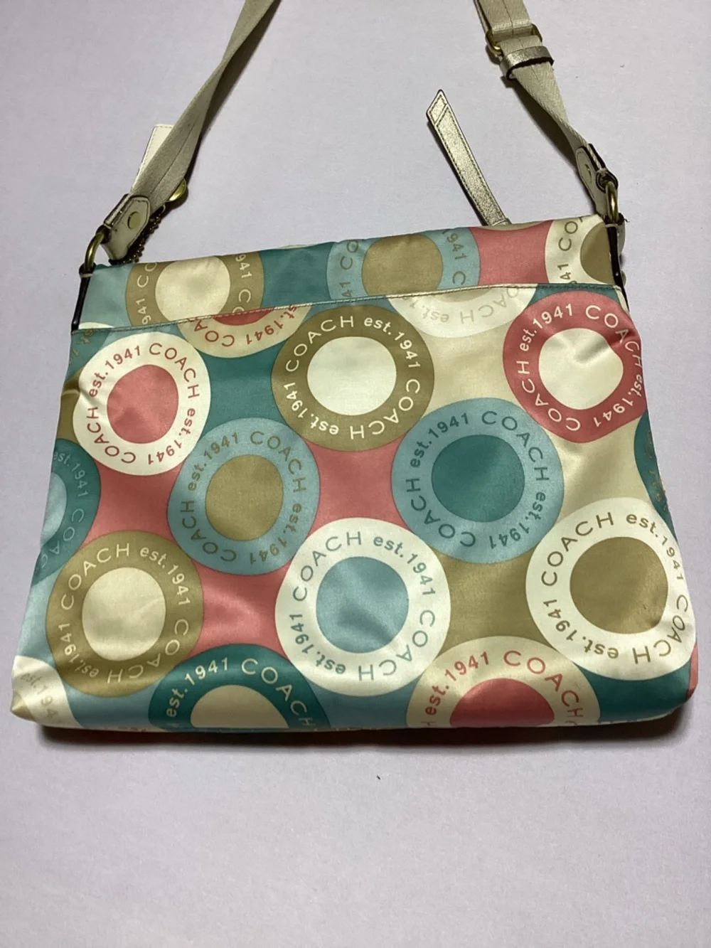 Coach Multicolor Teal Coral Gold Circle Print Crossbody